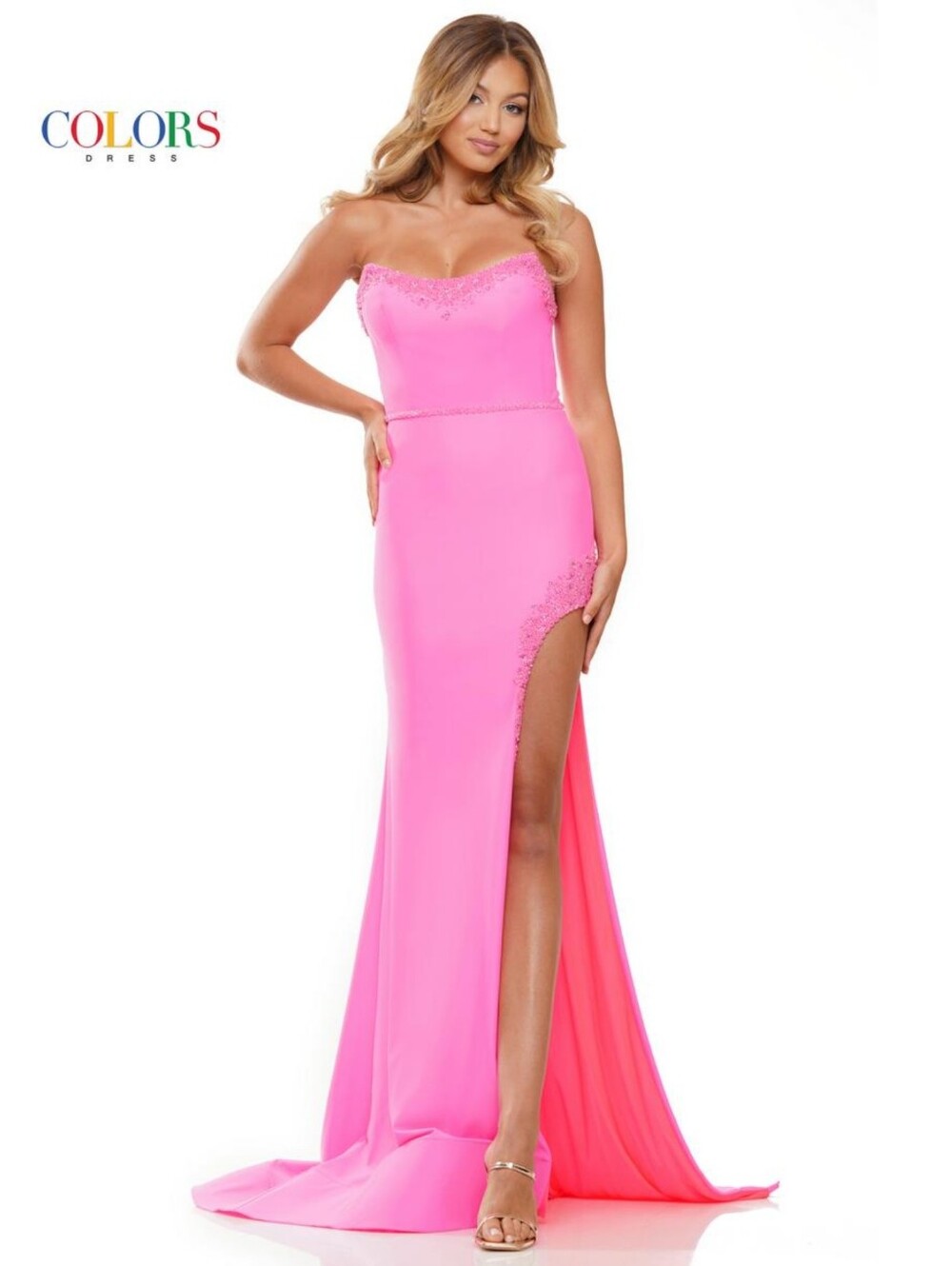 Strapless Hot Pink High-Slit Evening Gown
